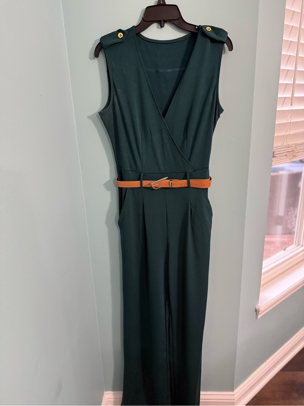 Dark Green Jumpsuit with Tan Belt